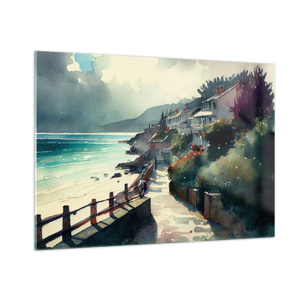 Cuadro sobre vidrio - Impresiones sobre Vidrio - Un paseo marítimo con casas de colores y agua. - 100x70cm - Ciudad mediterránea - Decoración de pared moderna para salón y dormitorio ARTTOR