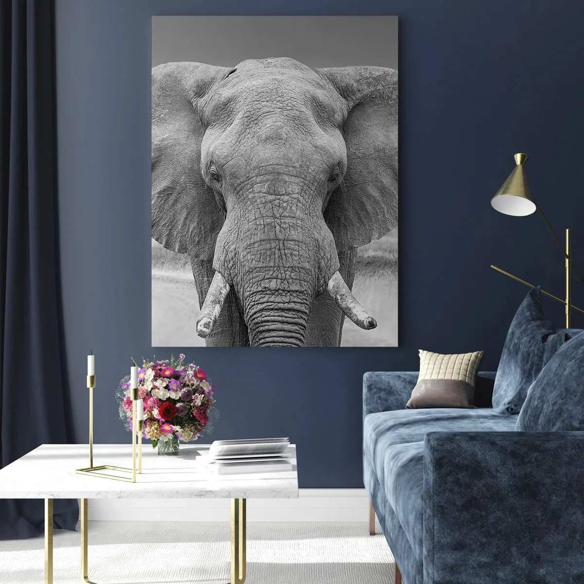 Cuadro sobre vidrio - Impresiones sobre Vidrio - Retrato de un elefante en blanco y negro - 80x120cm - Bienvenido a mi mundo - Decoración de pared moderna para salón y dormitorio ARTTOR
