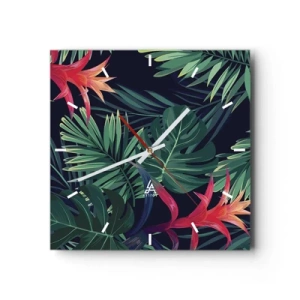 Reloj de pared - Reloj de vidrio - Hojas y flores tropicales sobre un fondo oscuro. - 30x30cm - Encender el color verde - Decoración de pared moderna para salón y dormitorio ARTTOR