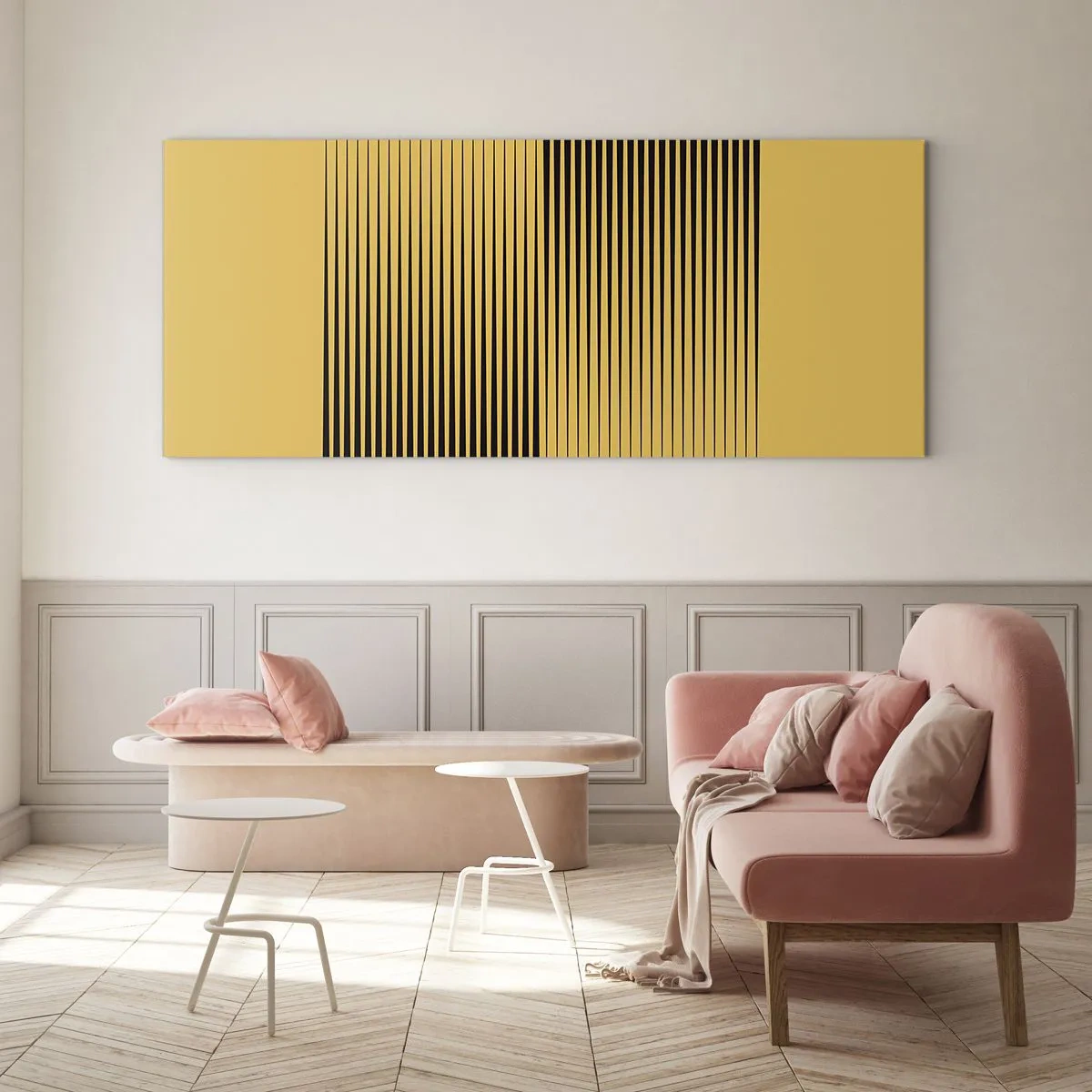 Cuadro sobre vidrio - Impresiones sobre Vidrio - Líneas negras verticales sobre un fondo amarillo - 120x50cm - Cuadrado de opuestos - Decoración de pared moderna para salón y dormitorio ARTTOR