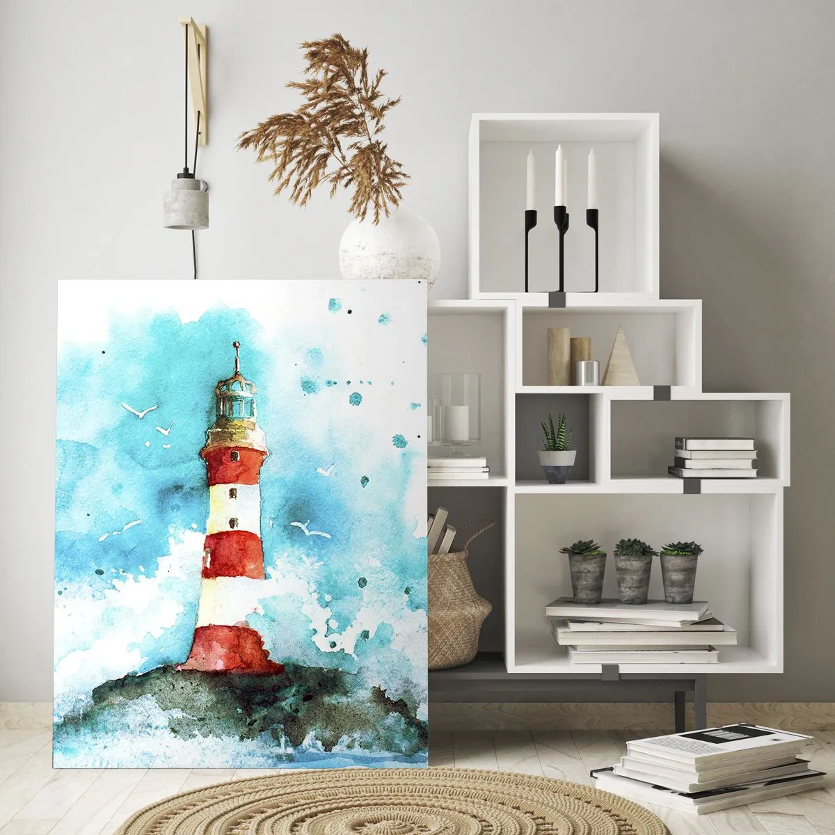 Cuadro sobre vidrio - Impresiones sobre Vidrio - Un faro rodeado de olas del mar en estilo acuarela. - 50x70cm - La unidad de los elementos - Decoración de pared moderna para salón y dormitorio ARTTOR