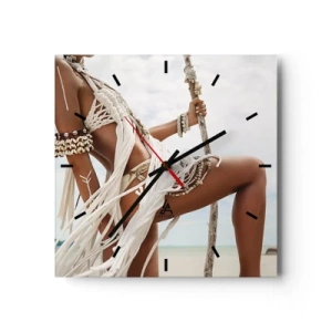 Reloj de pared - Reloj de vidrio - Figura de una mujer con adornos y ropa étnica con el telón de fondo de un paisaje tropical. - 30x30cm - Sacerdotisa del sol - Decoración de pared moderna para salón y dormitorio ARTTOR