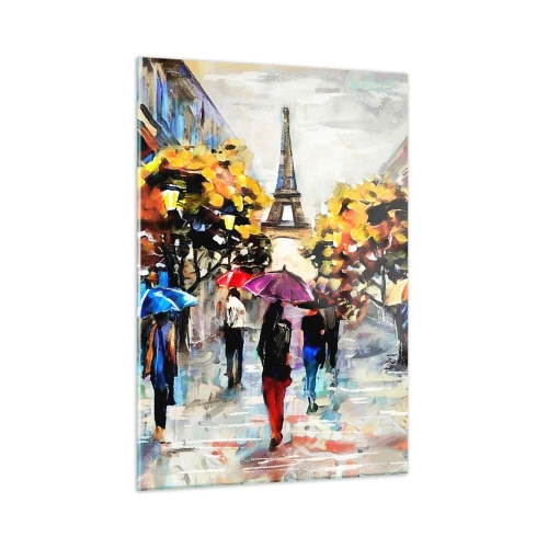 Cuadro sobre vidrio - Impresiones sobre Vidrio - La Torre Eiffel al fondo de gente paseando bajo paraguas de colores. - 50x70cm - Especialmente hermoso en otoño - Decoración de pared moderna para salón y dormitorio ARTTOR