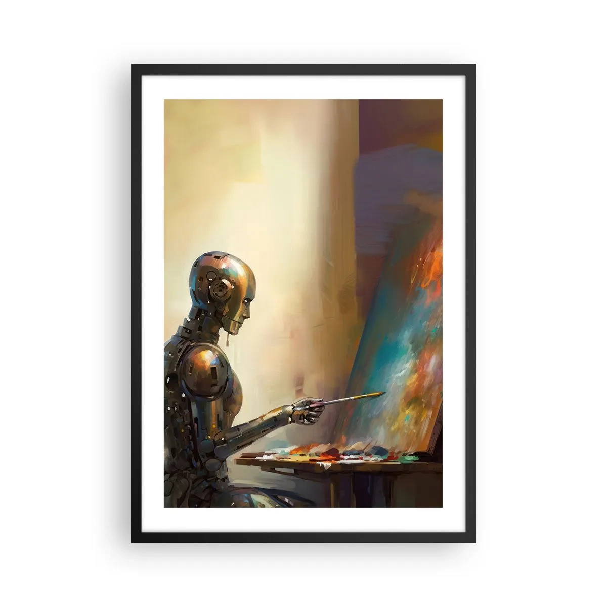 Póster en marco negro - Pintor robot en un caballete de estilo futurista - 50x70cm - Arte del futuro - Decoración de pared moderna para salón y dormitorio ARTTOR