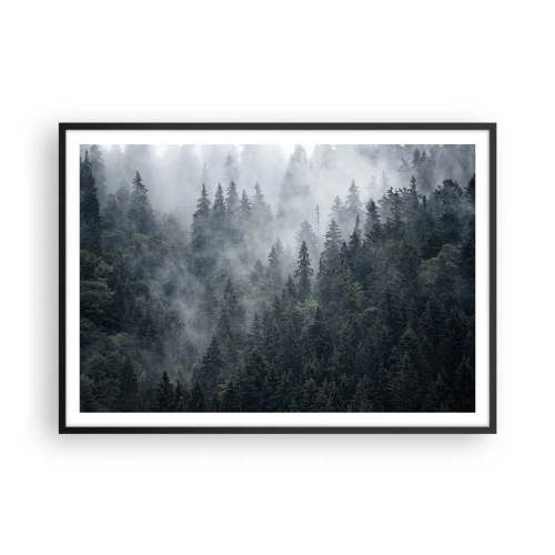 Póster en marco negro - Bosque de coníferas brumoso en tonos grises y verdes. - 100x70cm - Amanecer en el bosque - Decoración de pared moderna para salón y dormitorio ARTTOR