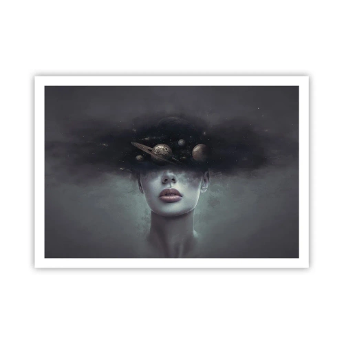 Póster - Un rostro de mujer con un motivo de planeta y espacio en el fondo. - 100x70cm - Y los planetas sienten... - Decoración de pared moderna para salón y dormitorio ARTTOR