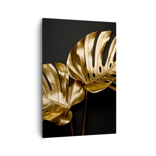 Cuadro sobre lienzo - Impresión de Imagen - Hojas de monstera doradas sobre fondo negro - 70x100cm - Tesoros de la naturaleza - Decoración de pared moderna para salón y dormitorio ARTTOR