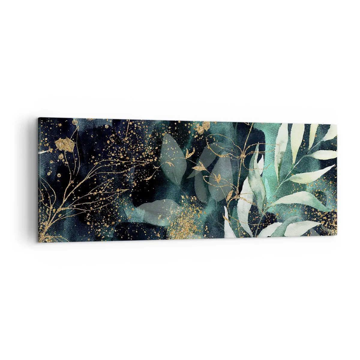Cuadro sobre lienzo - Impresión de Imagen - Hojas elegantes sobre un fondo oscuro con acentos dorados. - 140x50cm - Jardín encantado - Decoración de pared moderna para salón y dormitorio ARTTOR