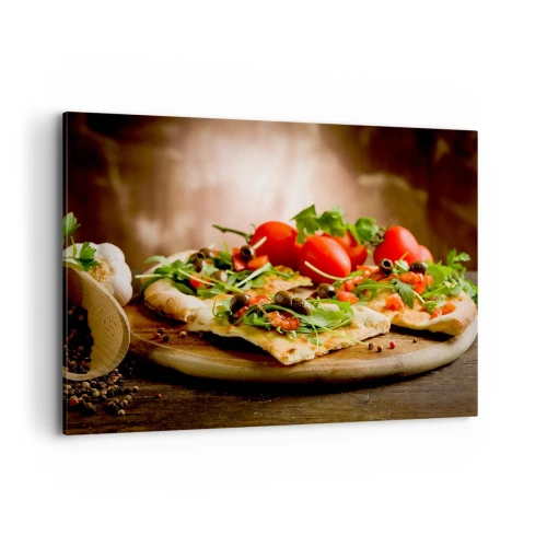 Cuadro sobre lienzo - Impresión de Imagen - Pizza con verduras sobre tabla de madera en estilo rústico - 100x70cm - Directamente del horno y del jardín - Decoración de pared moderna para salón y dormitorio ARTTOR