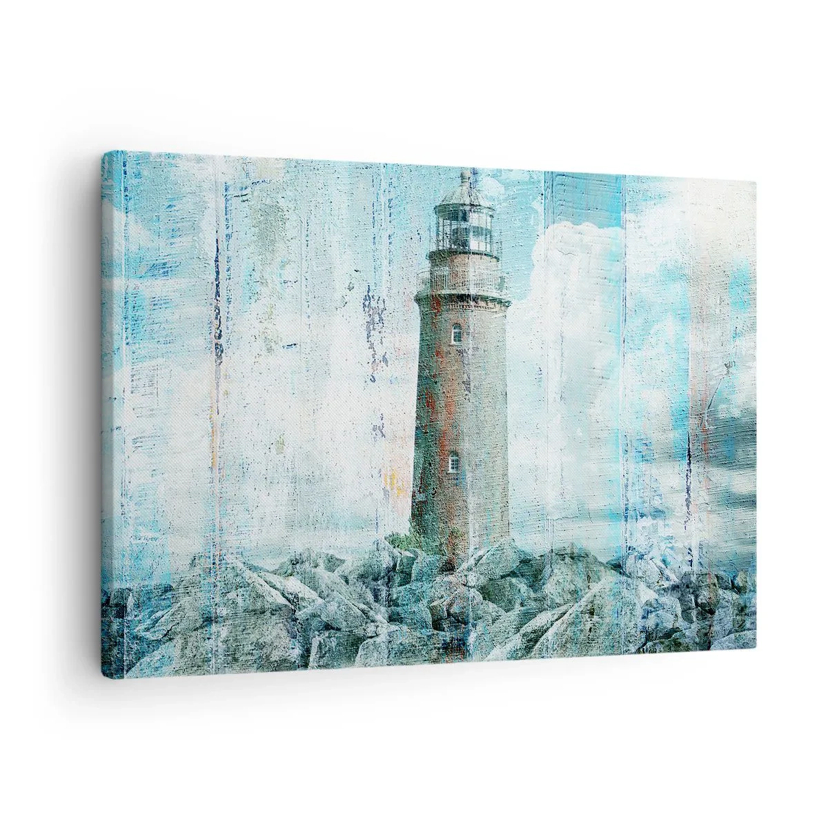 Cuadro sobre lienzo - Impresión de Imagen - Un faro en una costa rocosa en colores pastel. - 70x50cm - En madera vieja - Decoración de pared moderna para salón y dormitorio ARTTOR