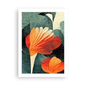 Póster - Flores abstractas en tonos naranja y verde. - 50x70cm - El calor del trópico y el frescor del verdor - Decoración de pared moderna para salón y dormitorio ARTTOR