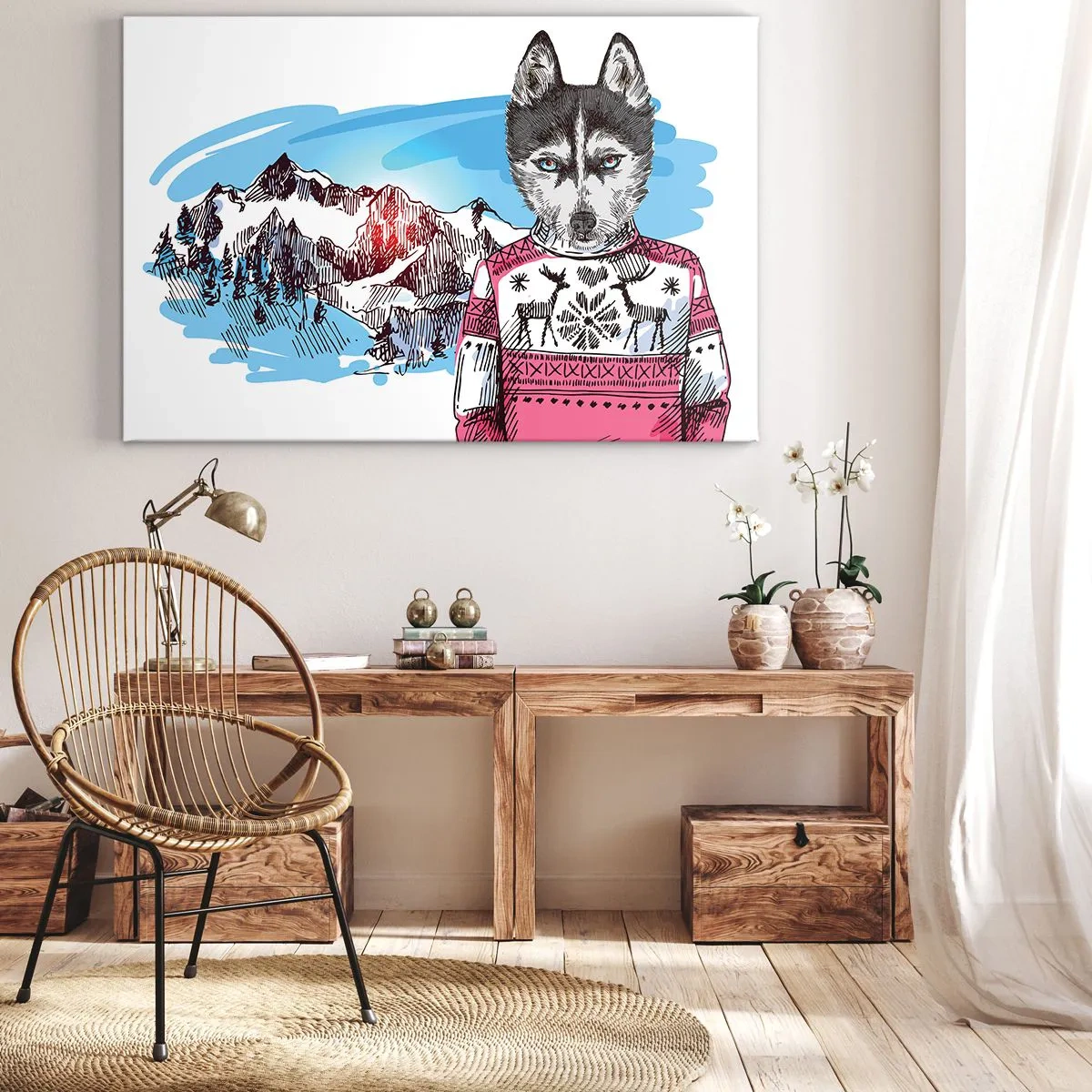 Cuadro sobre lienzo - Impresión de Imagen - Un lobo con un suéter de invierno frente a un paisaje montañoso. - 70x50cm - Un lobo con piel de cordero - Decoración de pared moderna para salón y dormitorio ARTTOR