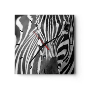Reloj de pared - Reloj de vidrio - Un primer plano en blanco y negro de una cebra con sus distintivas rayas. - 30x30cm - El mundo es blanco y negro - Decoración de pared moderna para salón y dormitorio ARTTOR