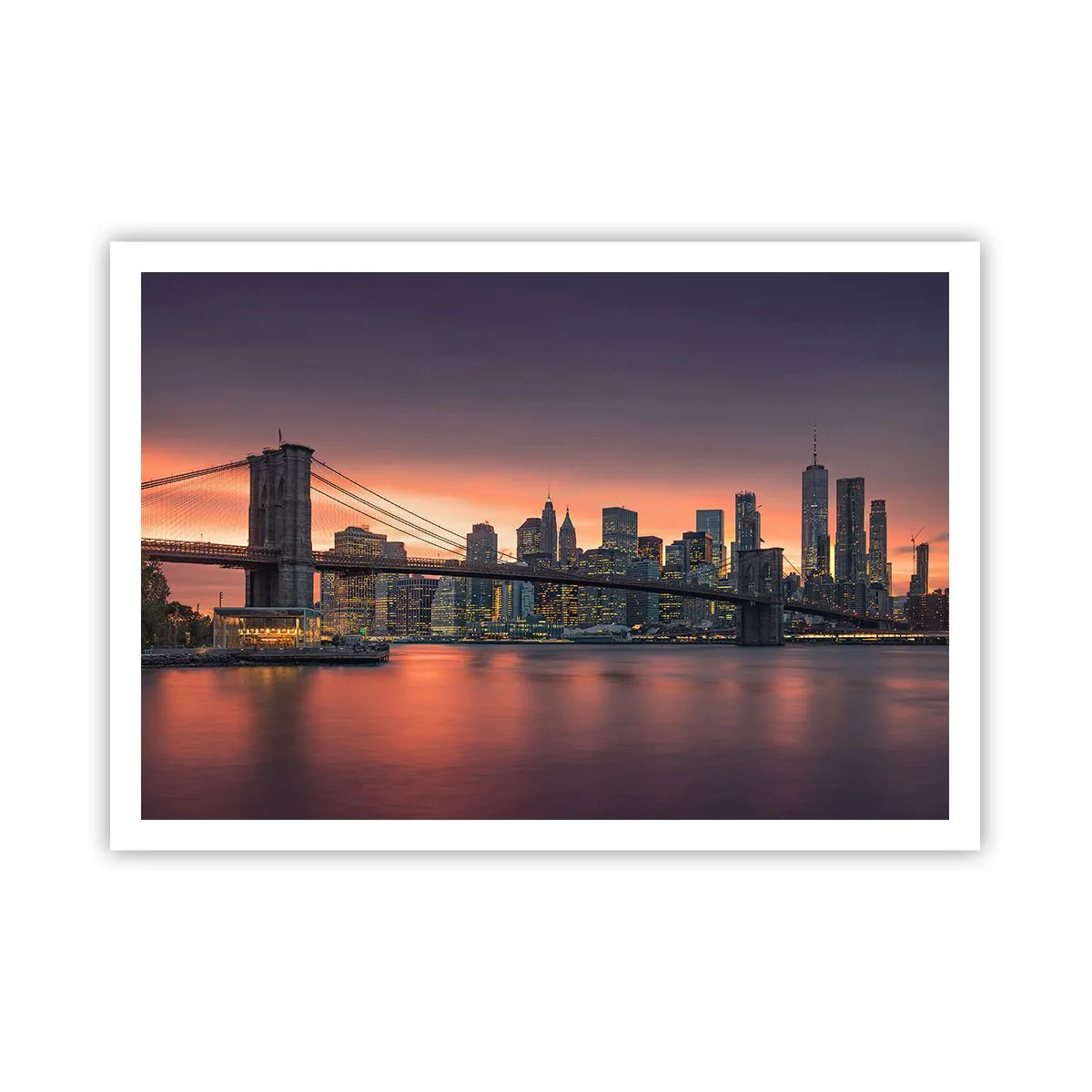 Póster - Panorama nocturno de la ciudad con un puente y un cielo iluminado. - 100x70cm - Ahogado en el silencio lila - Decoración de pared moderna para salón y dormitorio ARTTOR