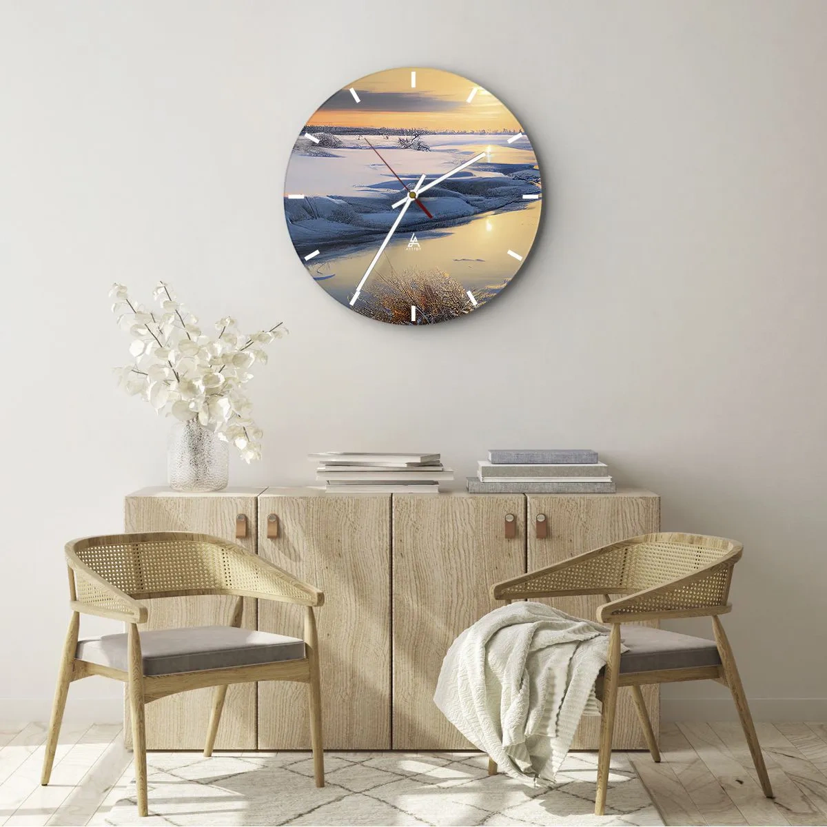 Reloj de pared - Reloj de vidrio - Paisaje invernal con un río y la puesta de sol - 30x30cm - Atardecer de invierno - Decoración de pared moderna para salón, cocina y dormitorio ARTTOR