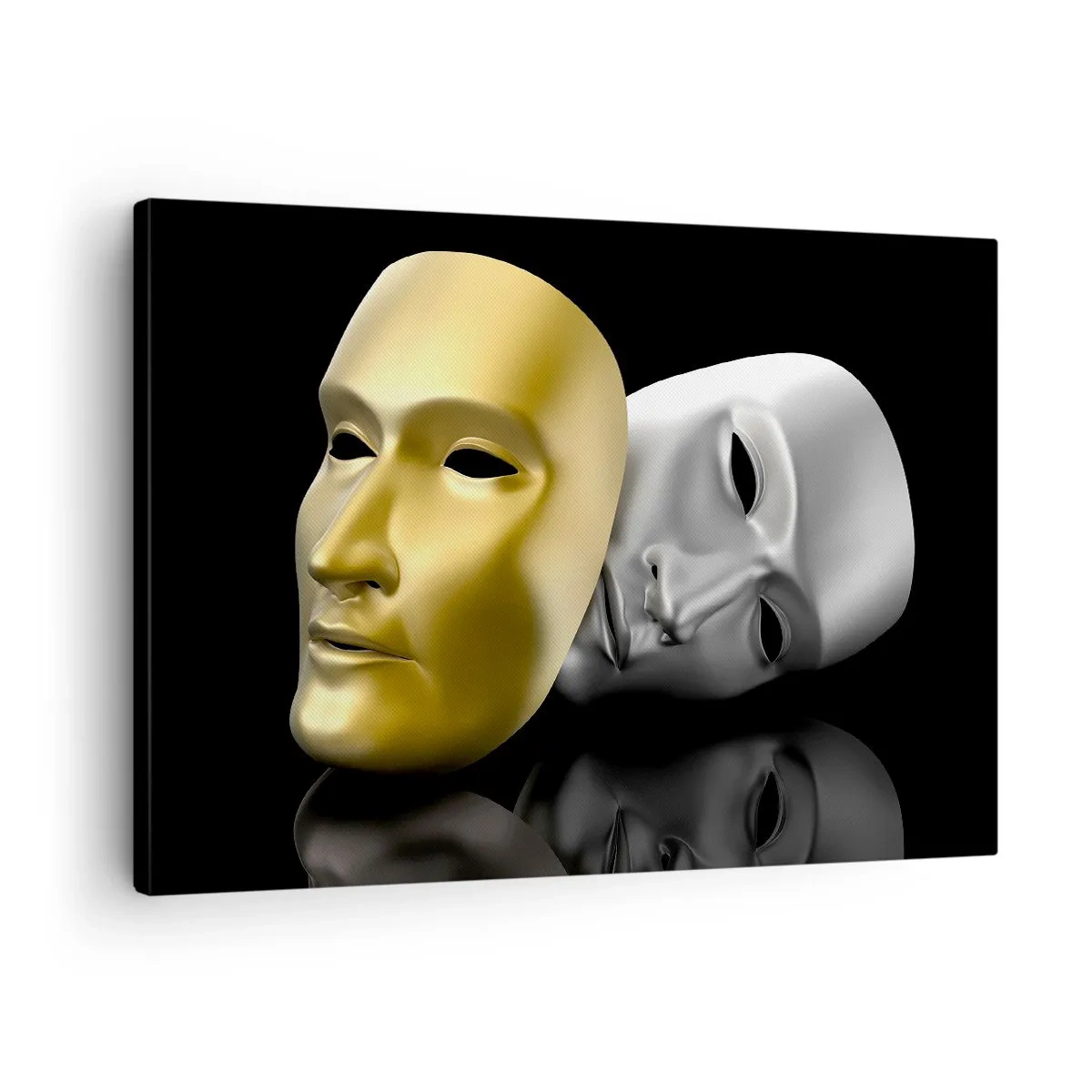 Cuadro sobre lienzo - Impresión de Imagen - Máscara de oro y plata sobre fondo negro. - 70x50cm - La vida es un teatro - Decoración de pared moderna para salón y dormitorio ARTTOR