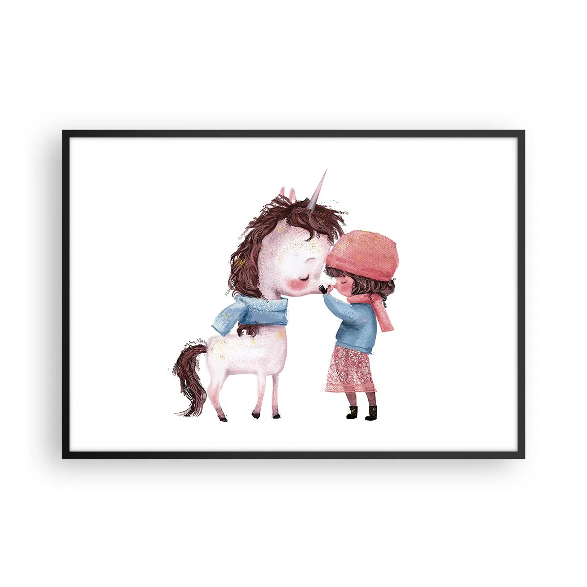 Póster en marco negro - Una niña y un unicornio en un paisaje invernal. - 100x70cm - Un cuento de invierno - Decoración de pared moderna para salón y dormitorio ARTTOR