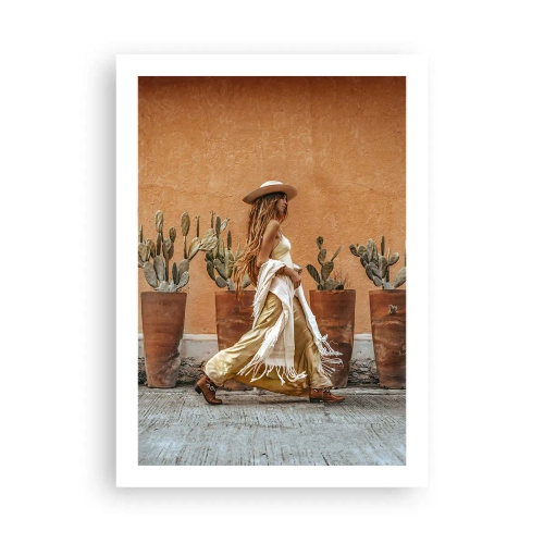 Póster - Mujer elegante con sombrero sobre un fondo de cactus. - 50x70cm - Estilo hippie - Decoración de pared moderna para salón y dormitorio ARTTOR
