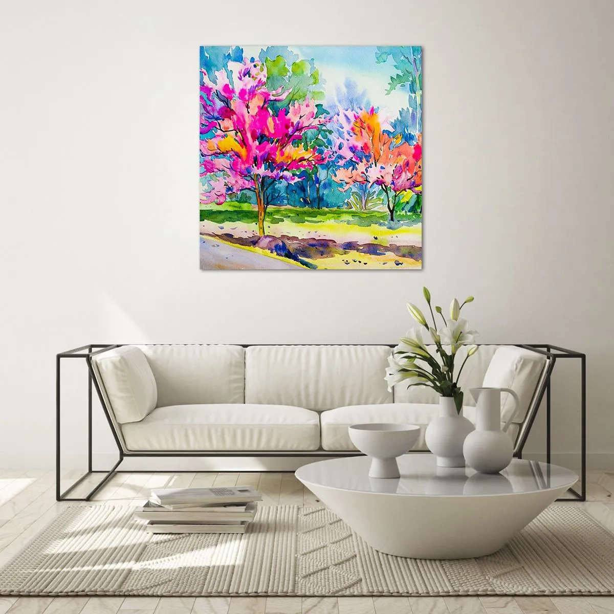 Cuadro sobre vidrio - Impresiones sobre Vidrio - Un jardín de arco iris en el esplendor de la primavera - 60x60 cm