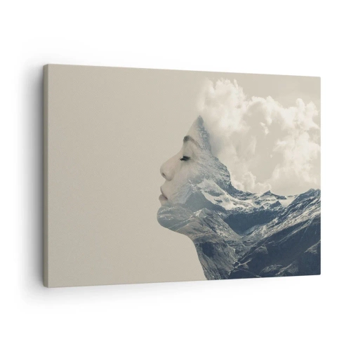 Cuadro sobre lienzo - Impresión de Imagen - Silueta de una mujer con un paisaje montañoso al fondo - 70x50cm - La belleza de los elementos - Decoración de pared moderna para salón y dormitorio ARTTOR