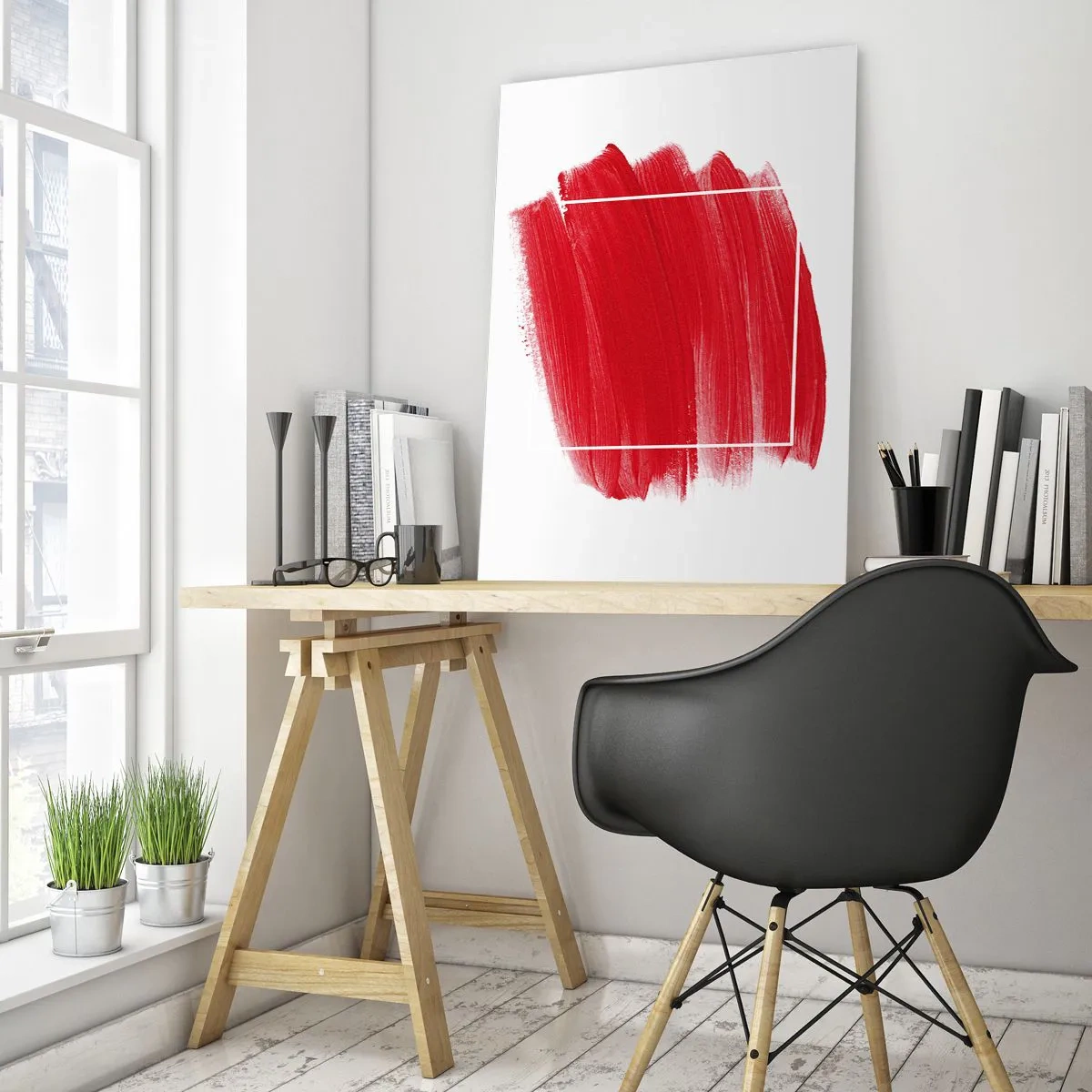 Cuadro sobre vidrio - Impresiones sobre Vidrio - Mancha roja abstracta con un marco blanco - 50x70cm - Fuera del marco - Decoración de pared moderna para salón y dormitorio ARTTOR