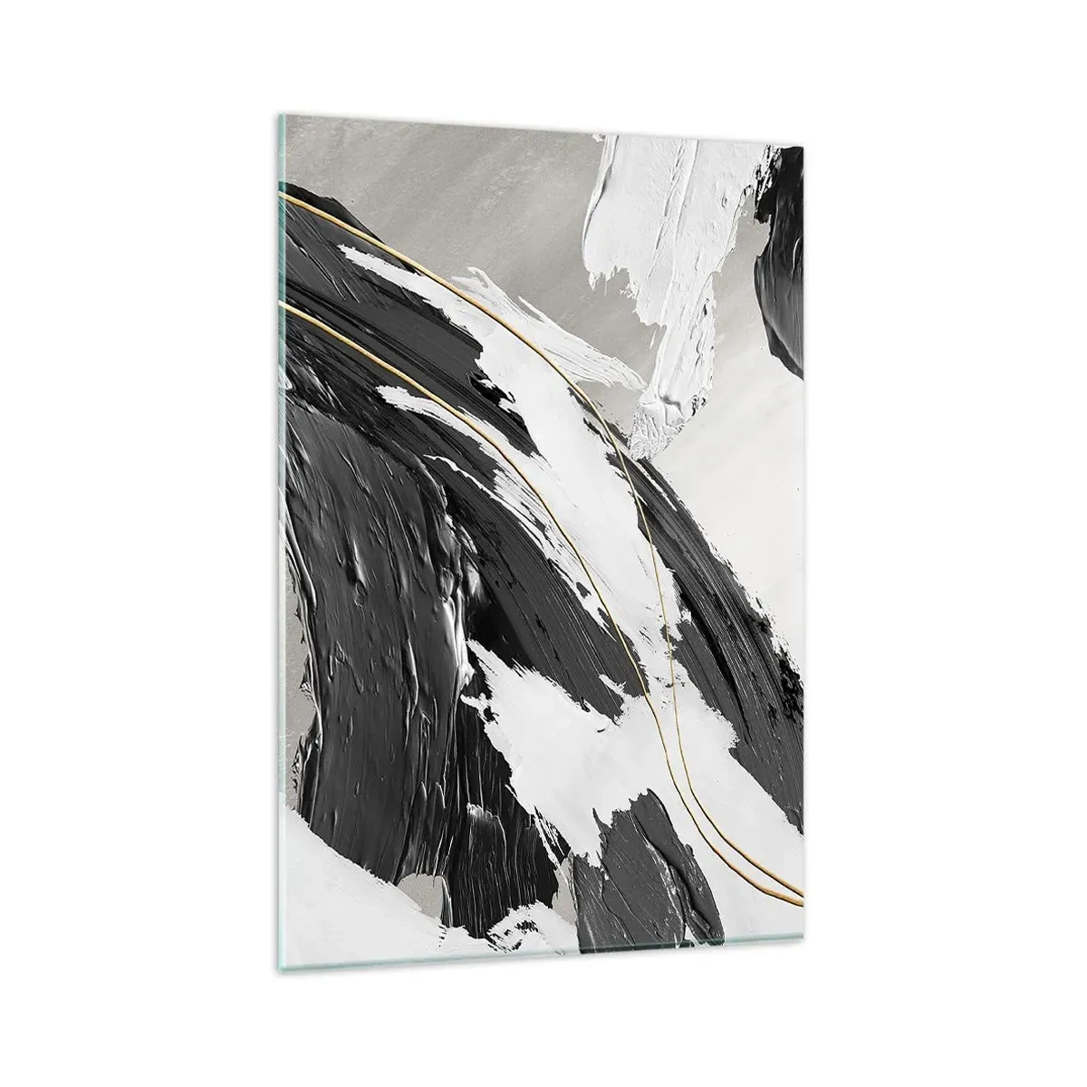 Cuadro sobre vidrio - Impresiones sobre Vidrio - Trazos de pintura en blanco y negro con un sutil acento dorado. - 80x120cm - Abstracción con estilo - Decoración de pared moderna para salón y dormitorio ARTTOR