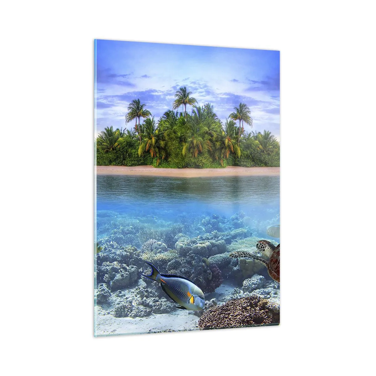 Cuadro sobre vidrio - Impresiones sobre Vidrio - Una isla tropical con un arrecife de coral y vida marina. - 50x70cm - Una isla paradisíaca te invita - Decoración de pared moderna para salón y dormitorio ARTTOR