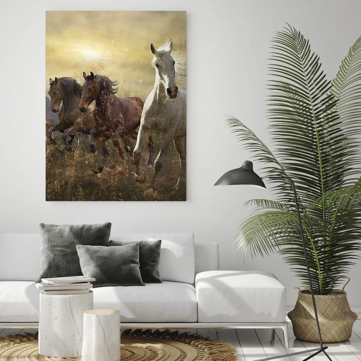 Cuadro sobre vidrio - Impresiones sobre Vidrio - Una manada de caballos galopando bajo los rayos del sol poniente. - 50x70cm - ¡Viva la libertad! - Decoración de pared moderna para salón y dormitorio ARTTOR