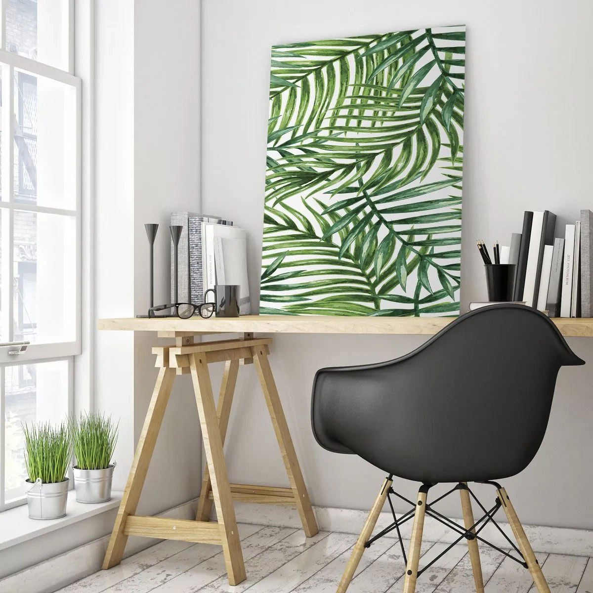 Cuadro sobre vidrio - Impresiones sobre Vidrio - Hojas de palma verdes sobre un fondo blanco que crean un patrón geométrico. - 50x70cm - Bajo el verde - Decoración de pared moderna para salón y dormitorio ARTTOR