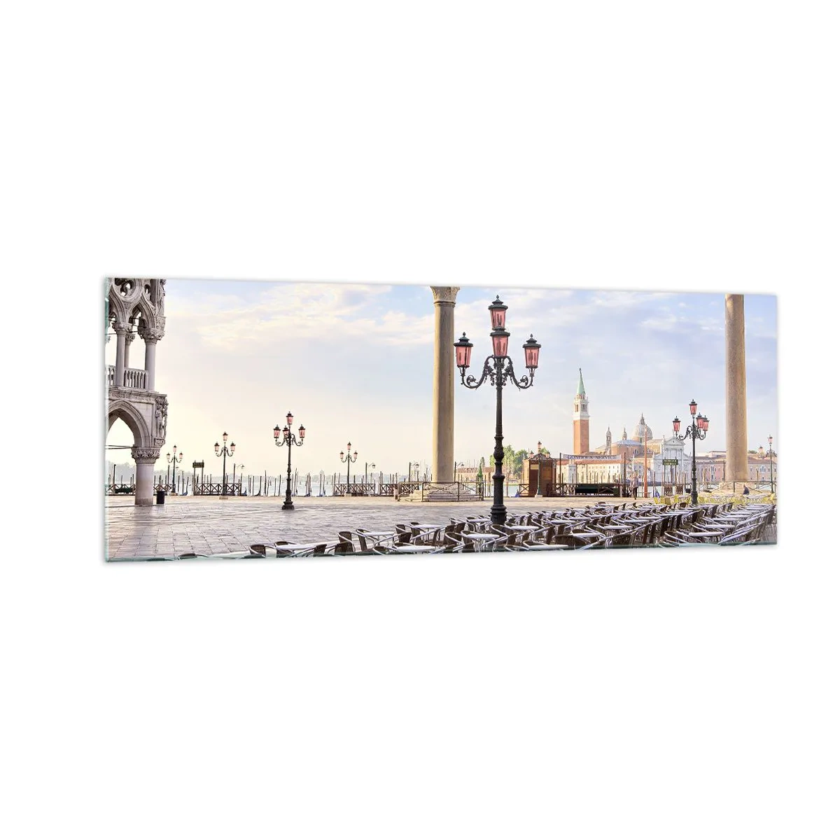 Cuadro sobre vidrio - Impresiones sobre Vidrio - Venecia, vista de la plaza con columnas y mesas de café. - 140x50cm - Vamos, todo está listo - Decoración de pared moderna para salón y dormitorio ARTTOR