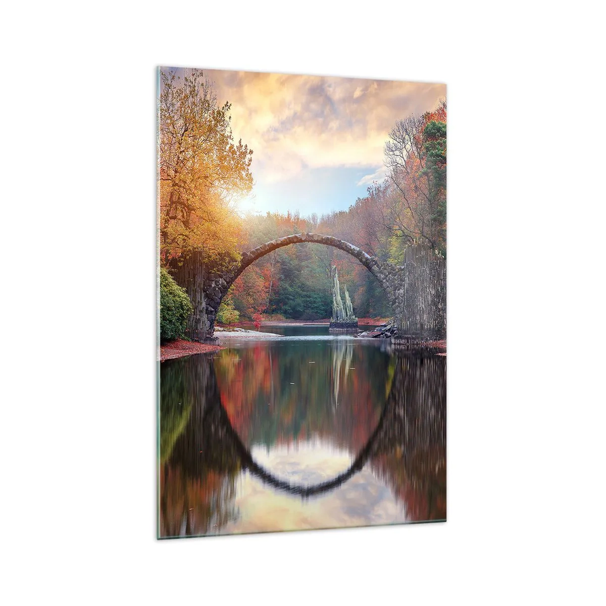 Cuadro sobre vidrio - Impresiones sobre Vidrio - Un puente de piedra en un paisaje otoñal sobre aguas tranquilas. - 70x100cm - Al otro lado del espejo - Decoración de pared moderna para salón y dormitorio ARTTOR