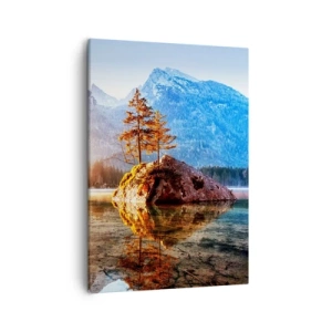 Cuadro sobre lienzo - Impresión de Imagen - Un lago con islas y montañas al fondo al amanecer. - 50x70cm - La naturaleza bajo la luz - Decoración de pared moderna para salón y dormitorio ARTTOR