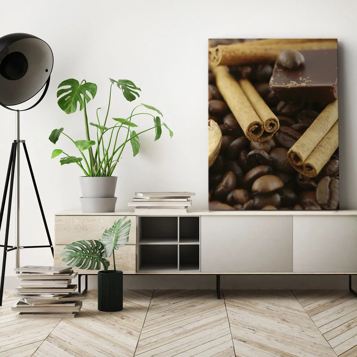 Cuadro sobre lienzo - Impresión de Imagen - Granos de café con ramas de canela, chocolate y nueces. - 70x100cm - Concierto de aromas - Decoración de pared moderna para salón y dormitorio ARTTOR