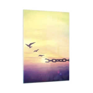 Cuadro sobre vidrio - Impresiones sobre Vidrio - Pájaros en vuelo con el telón de fondo de una cadena y una puesta de sol. - 50x70cm - Victoria de la libertad - Decoración de pared moderna para salón y dormitorio ARTTOR