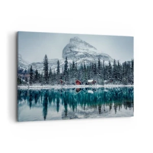 Cuadro sobre lienzo - Impresión de Imagen - Paisaje invernal con cabañas en el bosque junto a un lago congelado - 100x70cm - Retiro canadiense - Decoración de pared moderna para salón y dormitorio ARTTOR
