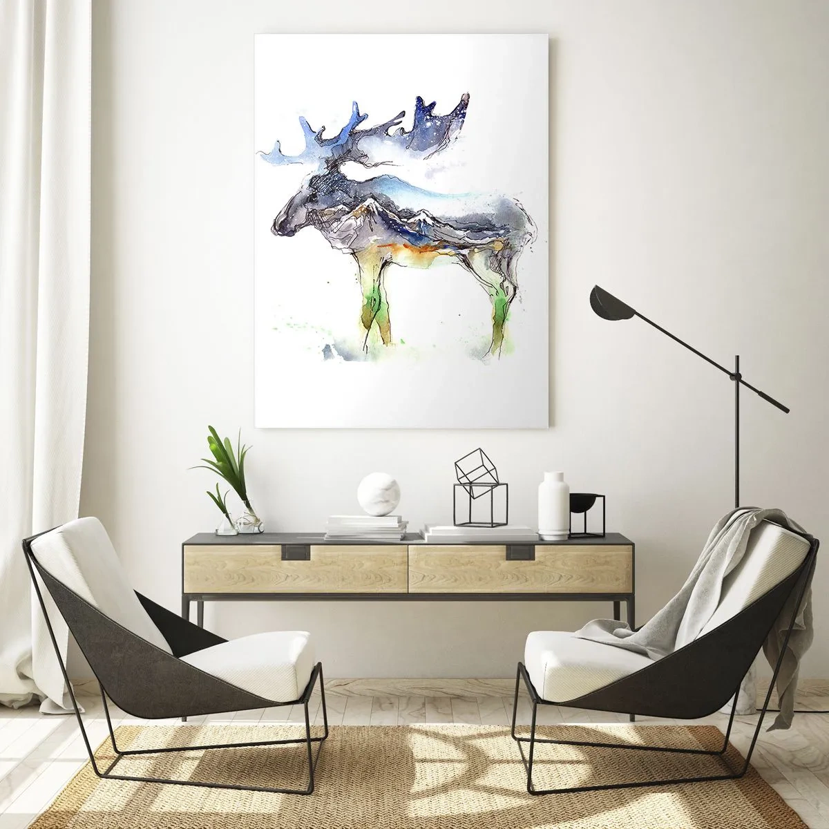 Cuadro sobre vidrio - Impresiones sobre Vidrio - Silueta de acuarela de un alce con un paisaje montañoso. - 70x100cm - El héroe de un cuento de invierno - Decoración de pared moderna para salón y dormitorio ARTTOR