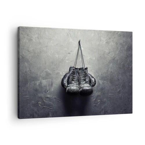 Cuadro sobre lienzo - Impresión de Imagen - Guantes de boxeo viejos contra la pared - 70x50cm - Tiempo de lucha y tiempo de paz - Decoración de pared moderna para salón y dormitorio ARTTOR