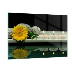 Cuadro sobre vidrio - Impresiones sobre Vidrio - Velas, piedras y una flor amarilla reflejada en el agua. - 120x80cm - Calmar los sentidos - Decoración de pared moderna para salón y dormitorio ARTTOR
