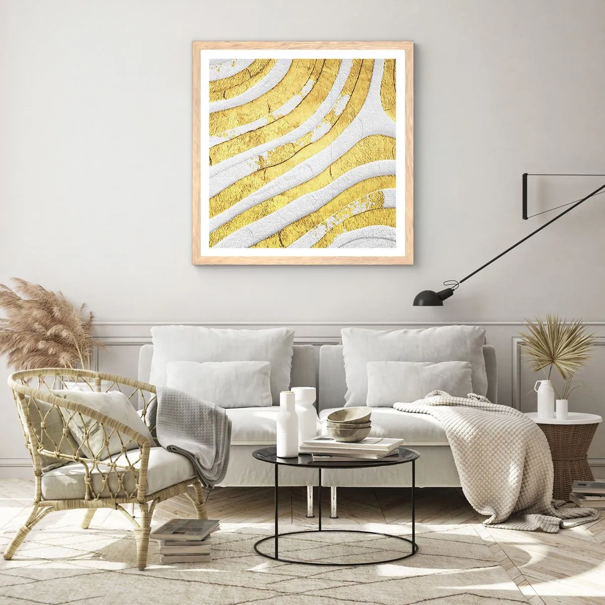 Póster en marco roble claro - Una composición en blanco y oro - 30x30 cm