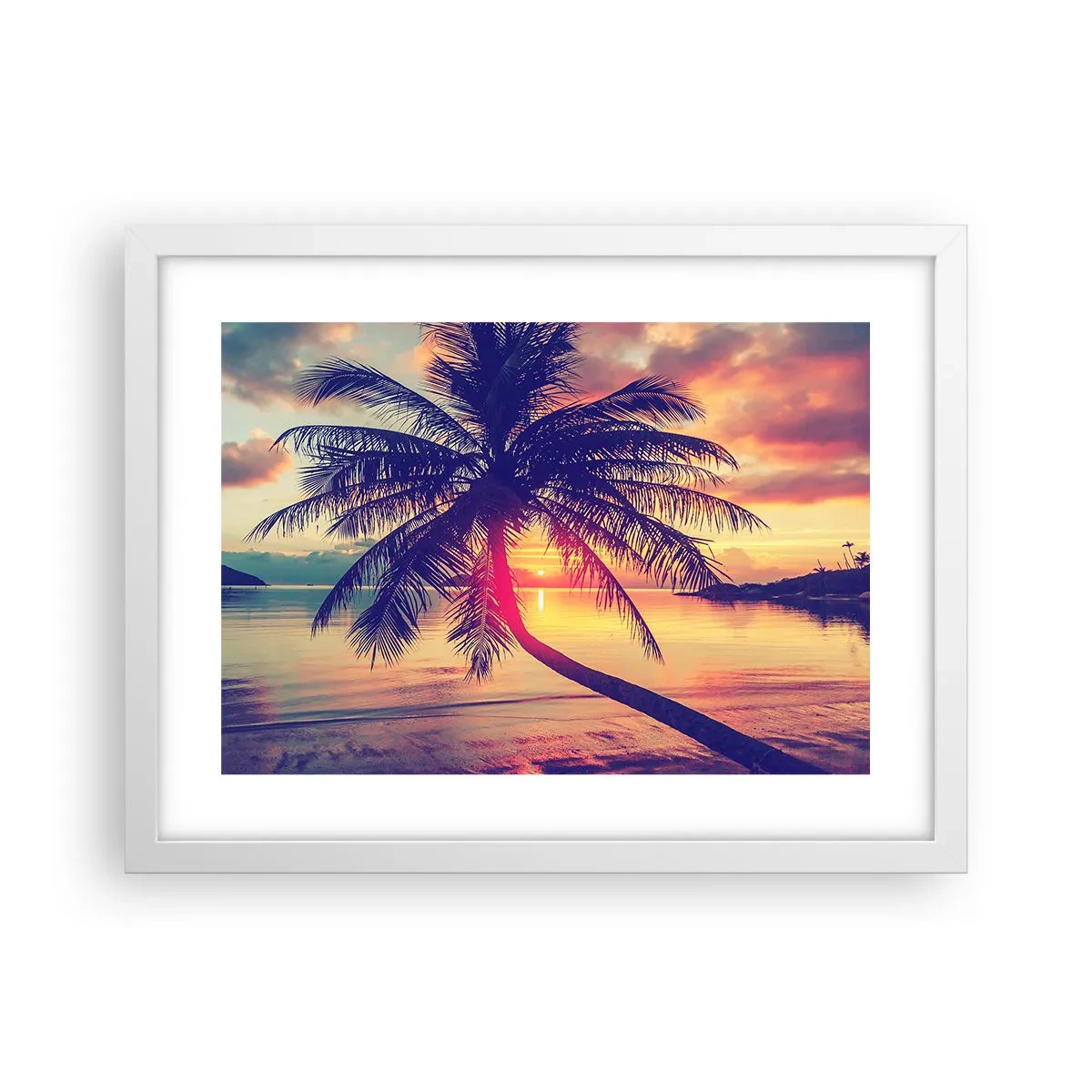 Póster en marco blanco - Atardecer bajo las palmeras - 40x30 cm