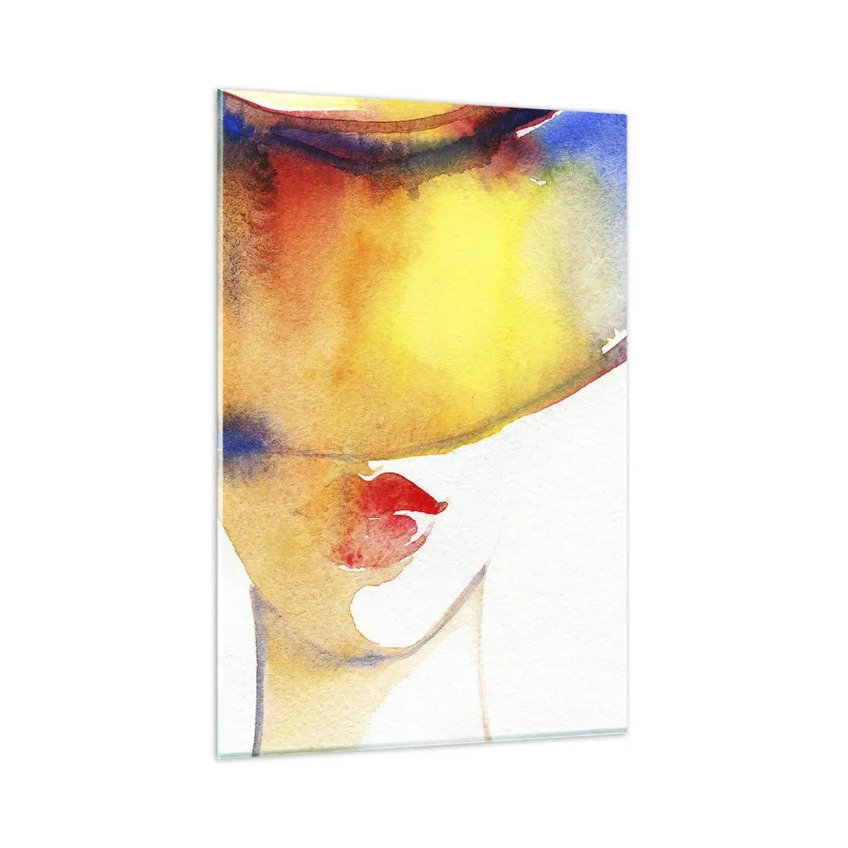 Cuadro sobre vidrio - Impresiones sobre Vidrio - Una pintura de acuarela minimalista del perfil de una mujer con un sombrero colorido. - 80x120cm - Retrato de una dama    - Decoración de pared moderna para salón y dormitorio ARTTOR