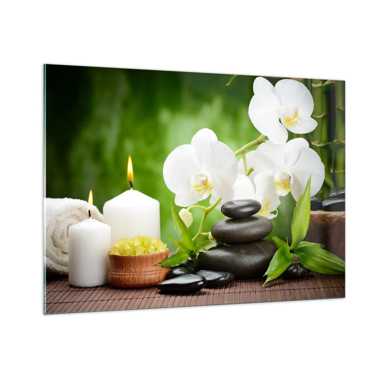 Cuadro sobre vidrio - Impresiones sobre Vidrio - Spa con orquídeas, piedras y velas sobre un fondo verde. - 100x70cm - Un toque fragante, floral y suave - Decoración de pared moderna para salón y dormitorio ARTTOR