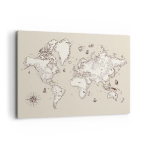 Cuadro sobre lienzo - Impresión de Imagen - Un mapa estilizado del mundo en tonos beige y marrón. - 100x70cm - Un viaje alrededor del mundo - Decoración de pared moderna para salón y dormitorio ARTTOR