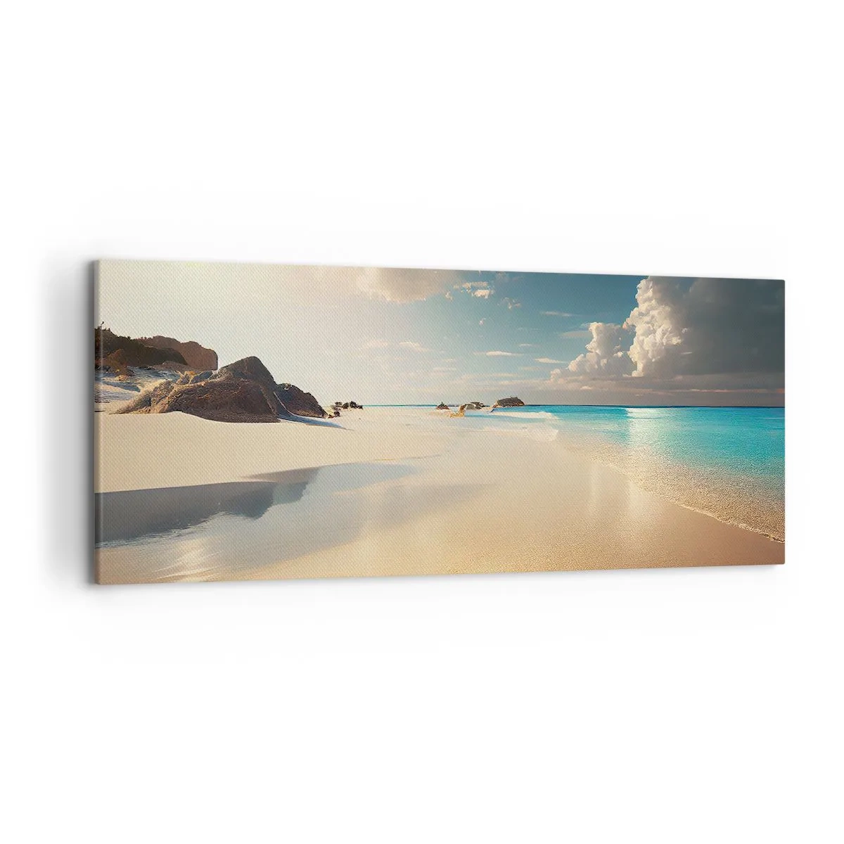 Cuadro sobre lienzo - Impresión de Imagen - Una playa soleada con mar azul y rocas. - 120x50cm - Un día de ensueño - Decoración de pared moderna para salón y dormitorio ARTTOR