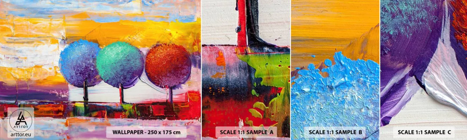 Muestra De Fotomural Standard Eco - Tres árboles coloridos - Paisaje, Árboles, Pedazo - 100x30 cm