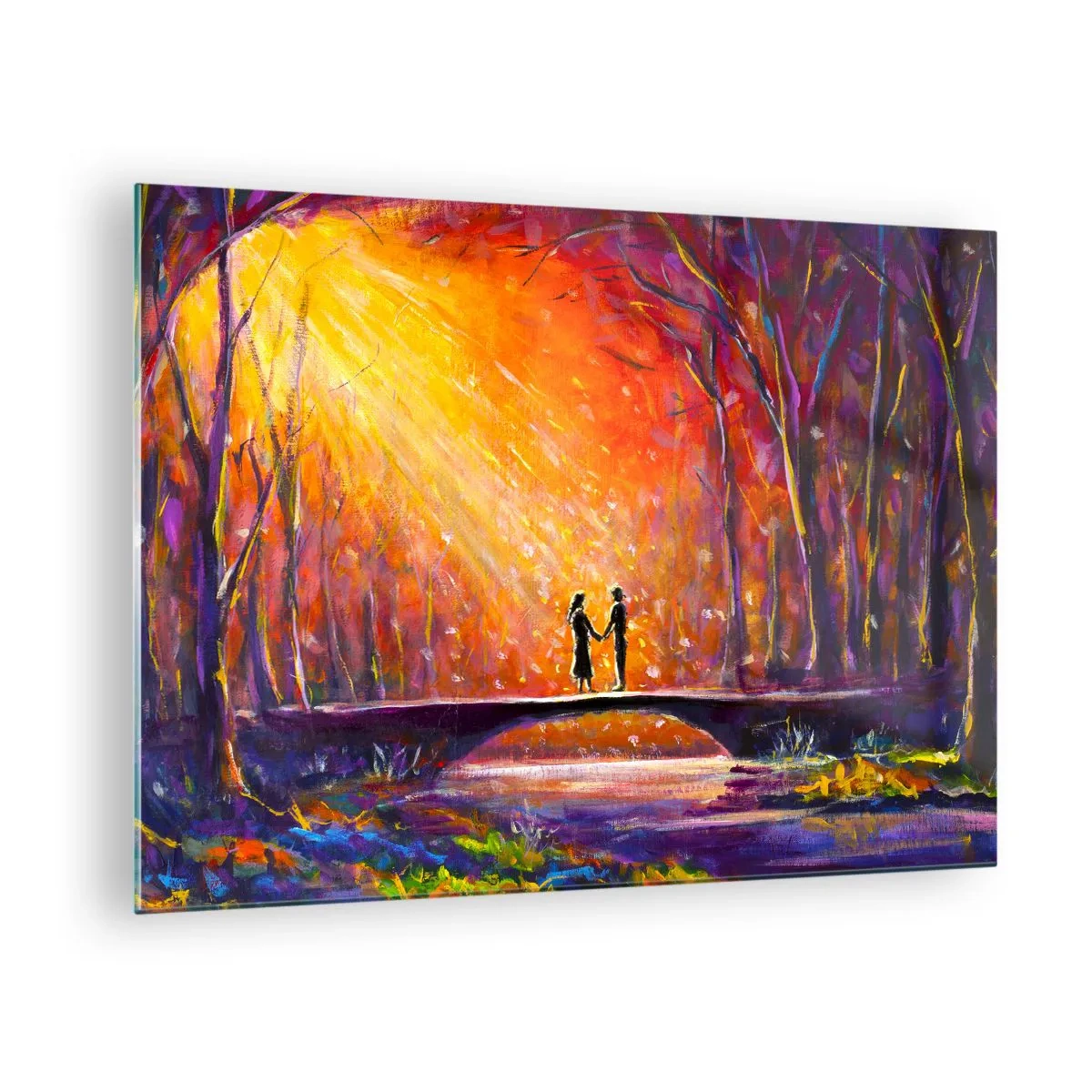 Cuadro sobre vidrio - Impresiones sobre Vidrio - Una pareja en un puente a la luz del sol poniente, rodeada de árboles. - 70x50cm - El cielo también los ama - Decoración de pared moderna para salón y dormitorio ARTTOR