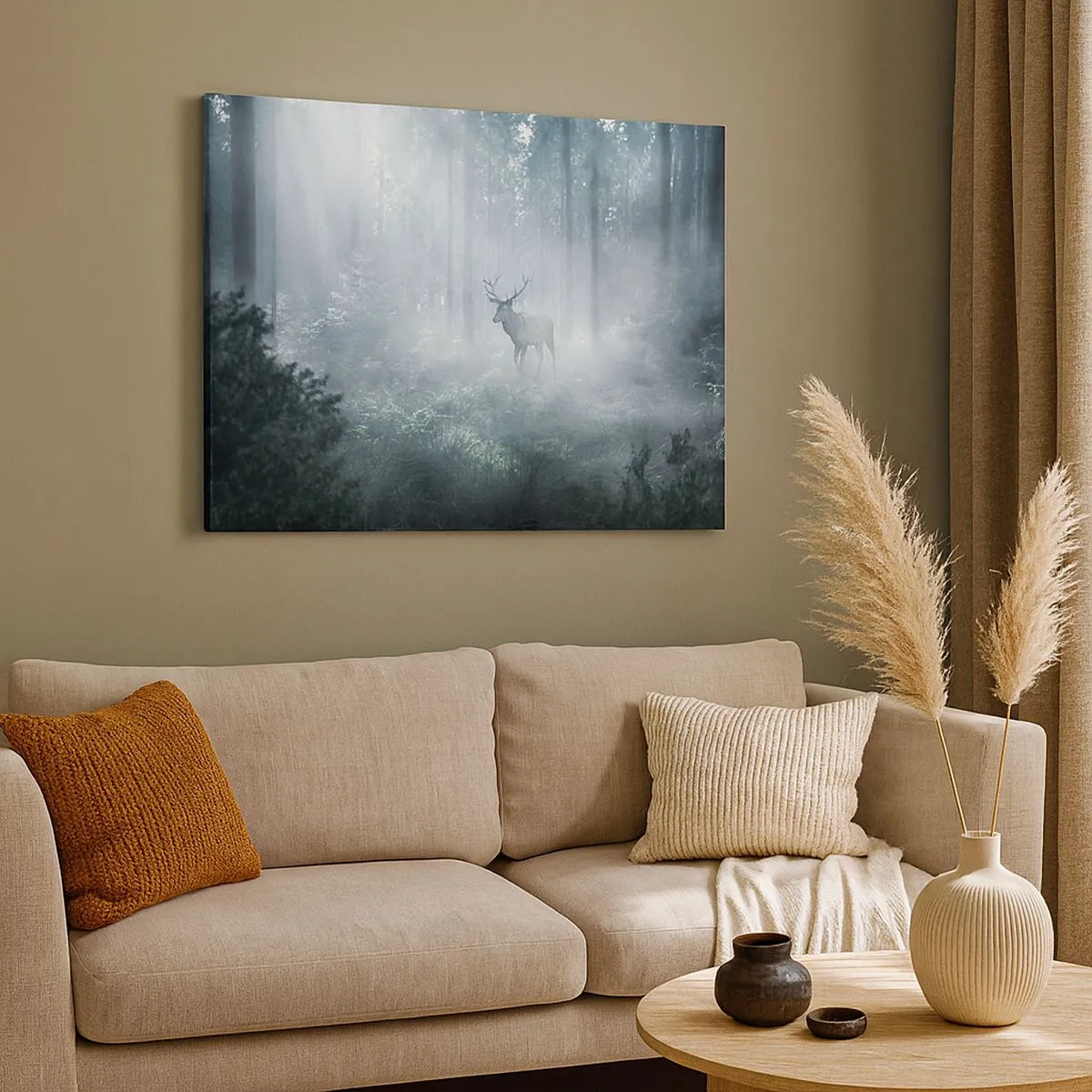 Cuadro sobre lienzo - Impresión de Imagen - Un ciervo en un bosque denso envuelto en la niebla matutina. - 70x50cm - Ronda matutina por la finca - Decoración de pared moderna para salón y dormitorio ARTTOR
