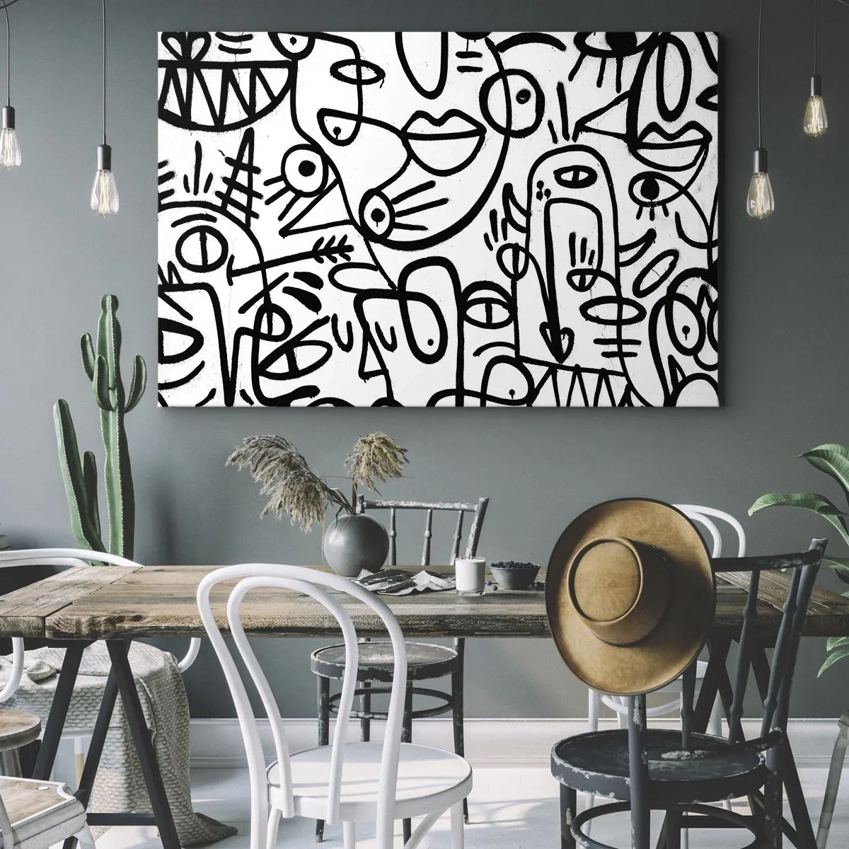 Cuadro sobre lienzo - Impresión de Imagen - Dibujos abstractos en blanco y negro con motivos faciales. - 70x50cm - Rostros y espejismos - Decoración de pared moderna para salón y dormitorio ARTTOR