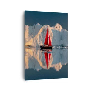 Cuadro sobre lienzo - Impresión de Imagen - Un velero con una vela roja con el fondo de un glaciar. - 70x100cm - En el límite del mundo - Decoración de pared moderna para salón y dormitorio ARTTOR