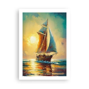 Póster - Un velero con el telón de fondo de una puesta de sol dorada. - 50x70cm - A toda vela - Decoración de pared moderna para salón y dormitorio ARTTOR